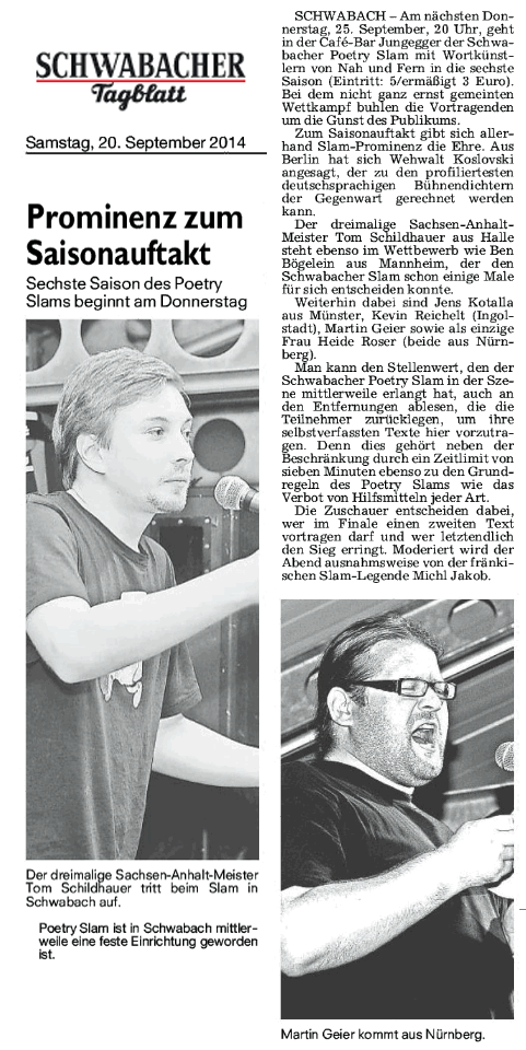 Schwabacher Tagblatt vom 20 September 2014